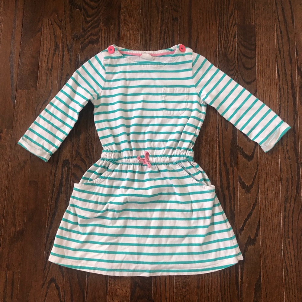 Mini Boden Girls 7-8Y Teal Blue/Off-White 3/4 Sleeved Pockets Casual Dress